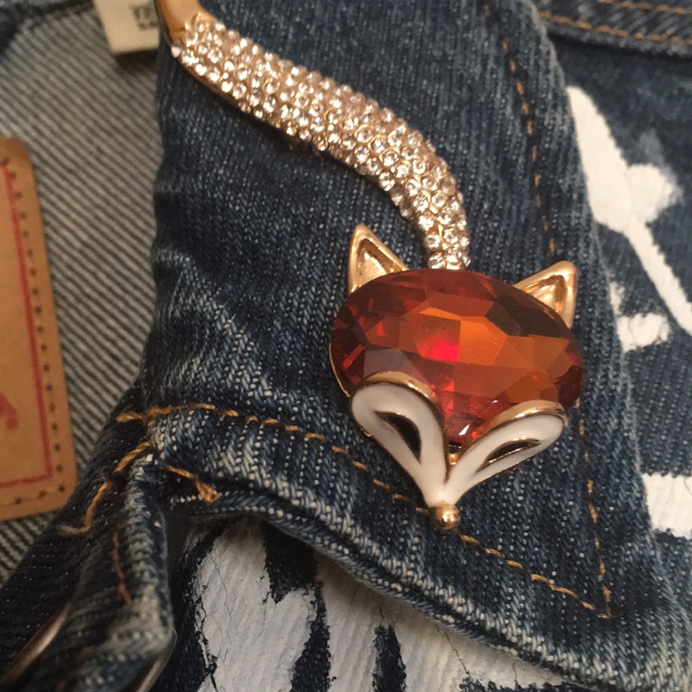 Guy Laroche scarf tie Hand Crafted Wearable Art Fox Hunt Denim Jacket Brooches - Picture 5 of 12